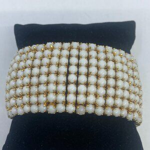 Vtg 1950s white milk glass rhinestone cuff bracelet